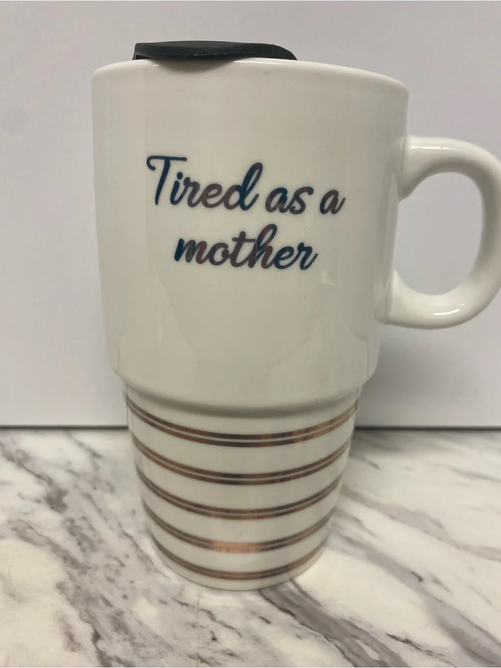 Tired as a Mother White Ceramic Mug with Brown Stripe Accent